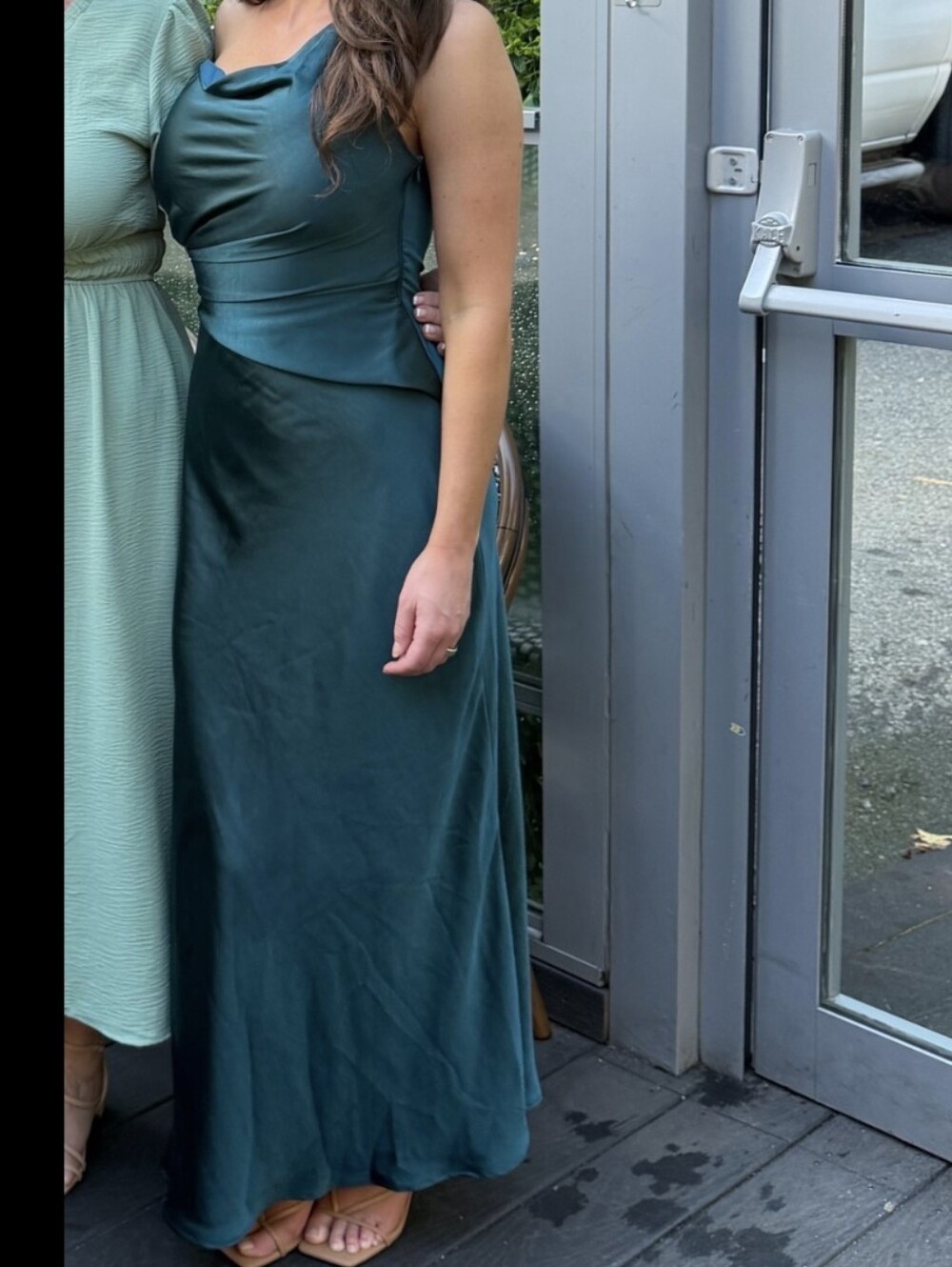 Elegant Teal Satin Evening Dress - Sleeveless Cowl Neck